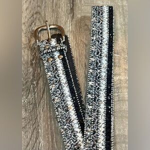 Y2K Vintage Silver, White & Black Glitter Glitz Western Studded Beaded Edge Belt